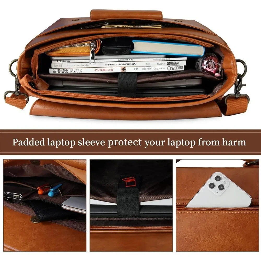 Men's Brown Leather Water repellent Messenger Bag 16.14